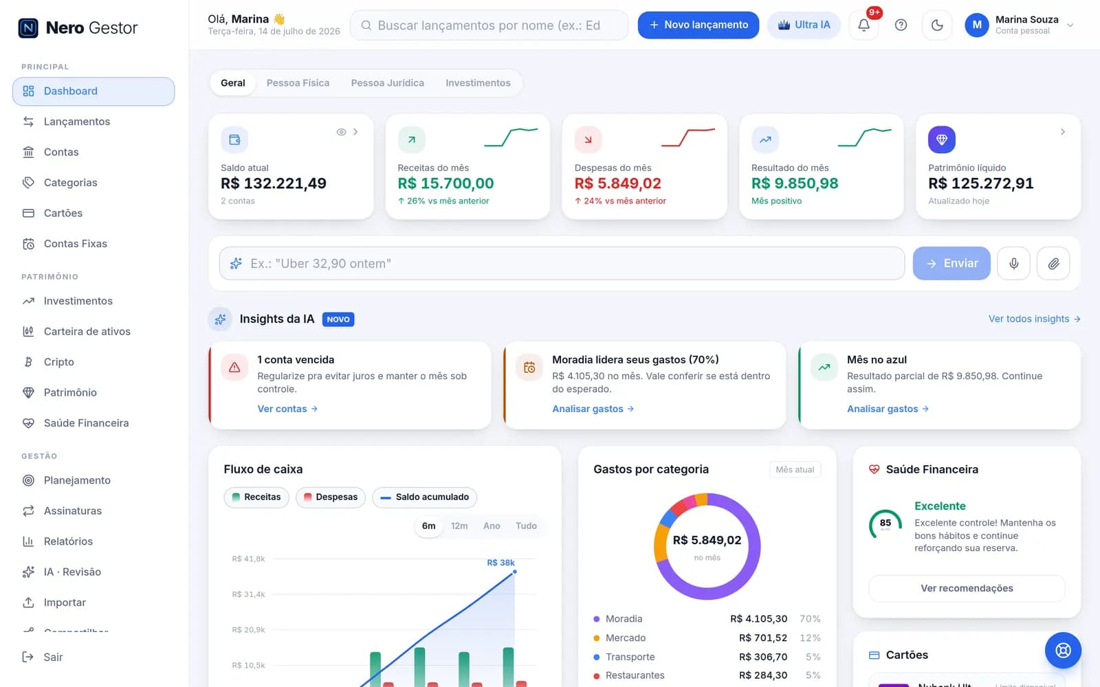 Dashboard do Nero Gestor com saldo atual, receitas, despesas e patrimônio consolidados